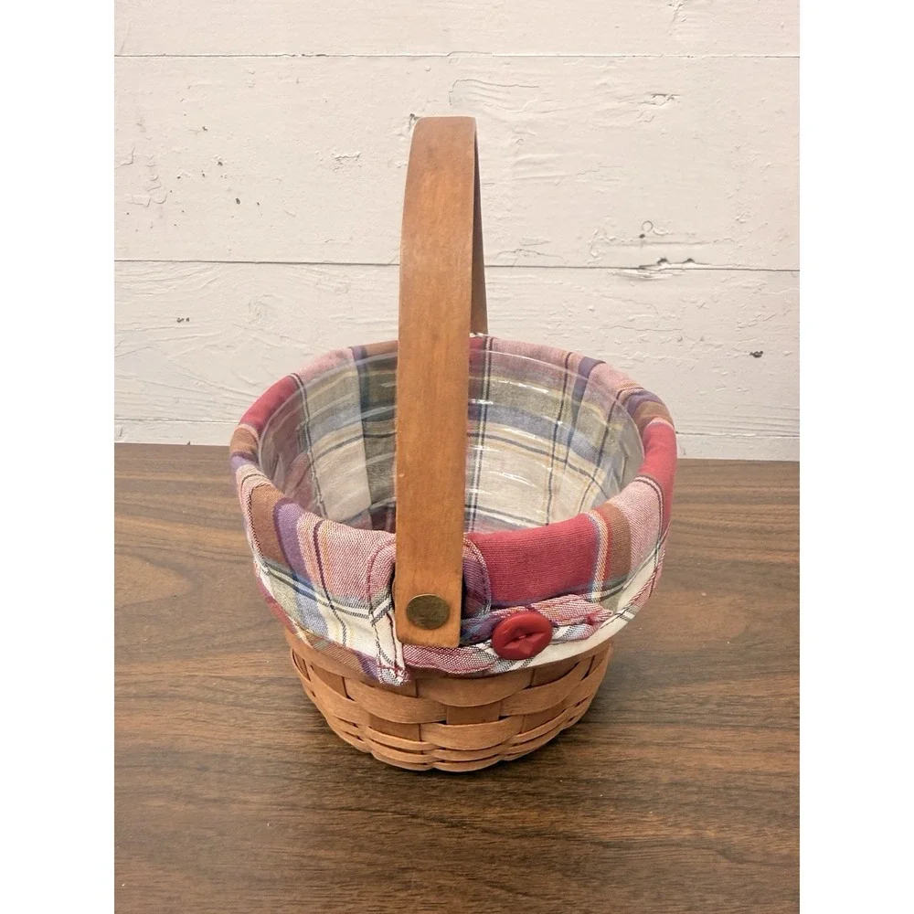 Longaberger Swing‎ Handle Small Fruit Basket Plaid Button Liner Vintage 1989 5